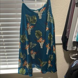 Berry N Cream Sz Lg Teal Floral and Skull Print Boho Mini Dress